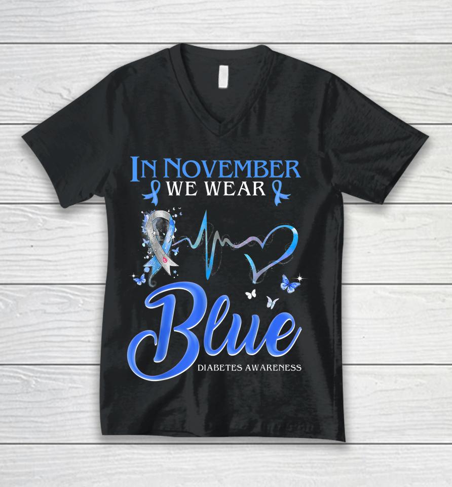 In November We Wear Blue Heartbeat Diabetes Awareness Unisex V-Neck T-Shirt