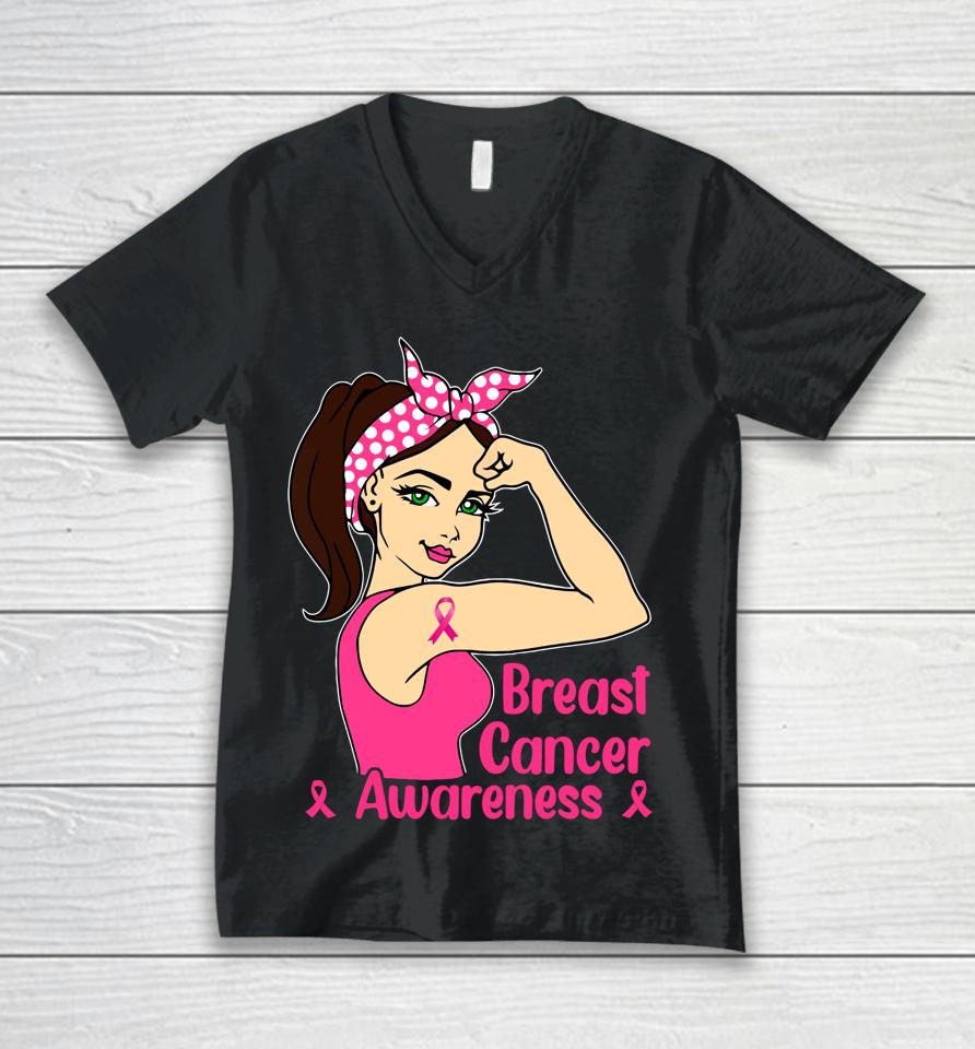 In October We Wear Pink Black Woman Breast Cancer Awareness Unisex V-Neck T-Shirt