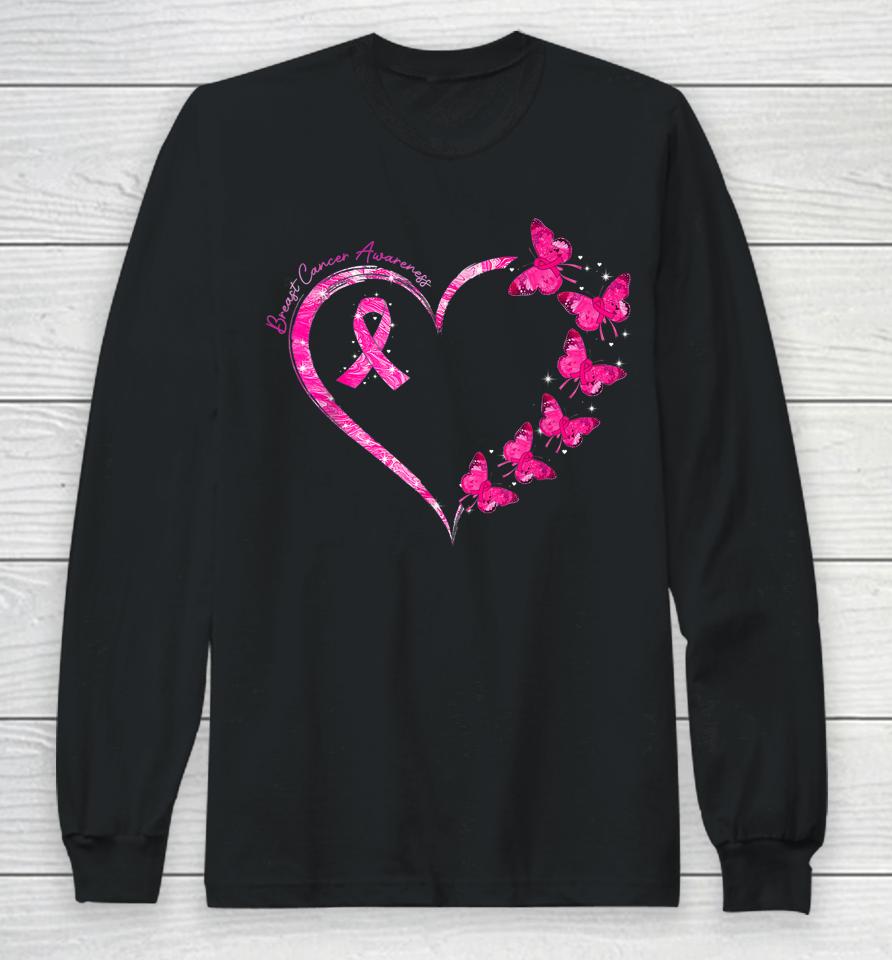 In October We Wear Pink Breast Cancer Awareness Butterflies Long Sleeve T-Shirt