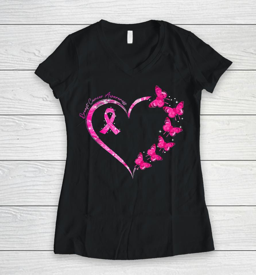 In October We Wear Pink Breast Cancer Awareness Butterflies Women V-Neck T-Shirt