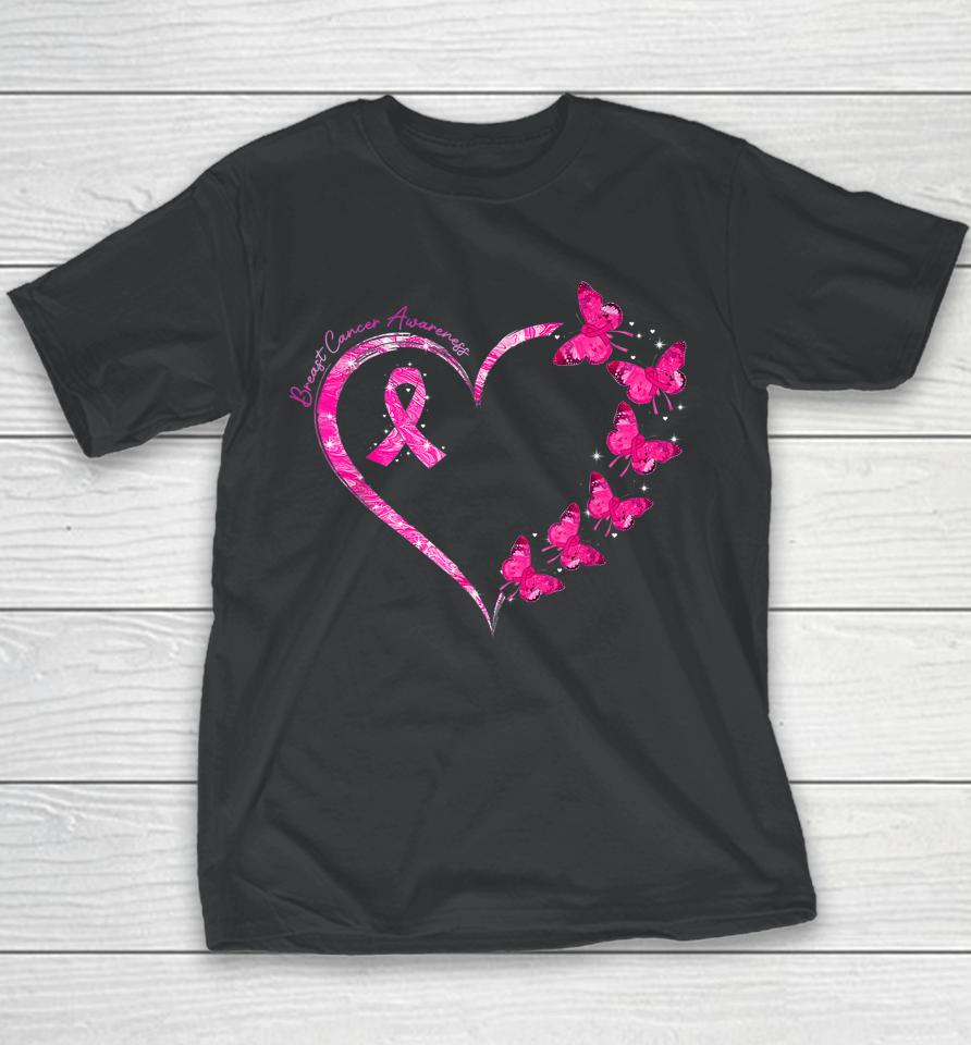 In October We Wear Pink Breast Cancer Awareness Butterflies Youth T-Shirt