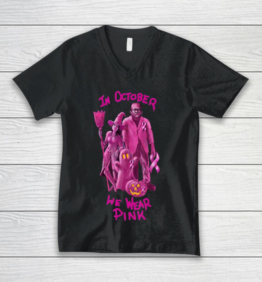 In October We Wear Pink - Breast Cancer Awareness Halloween Unisex V-Neck T-Shirt