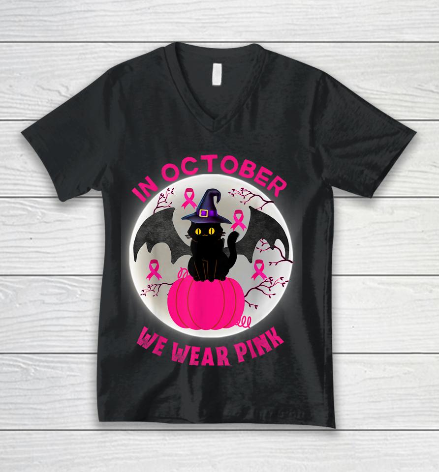 In October We Wear Pink Cute Cat Breast Cancer Awareness Unisex V-Neck T-Shirt