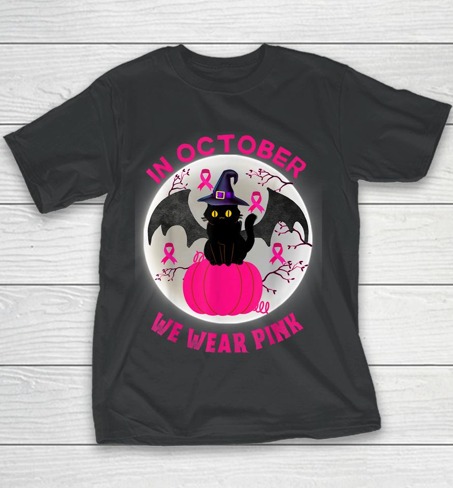 In October We Wear Pink Cute Cat Breast Cancer Awareness Youth T-Shirt