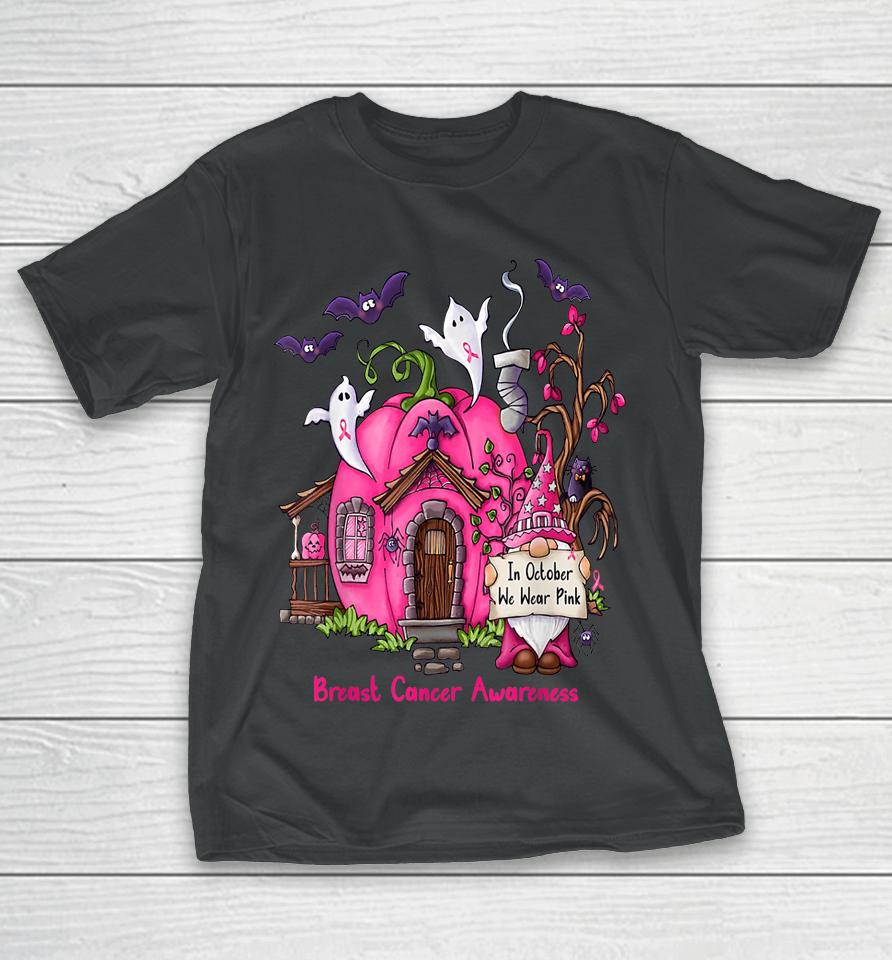 In October We Wear Pink Gnome Halloween Pumpkin House T-Shirt
