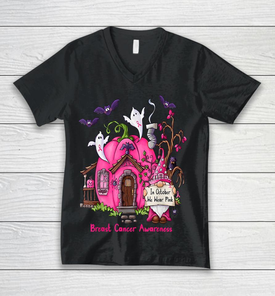 In October We Wear Pink Gnome Halloween Pumpkin House Unisex V-Neck T-Shirt