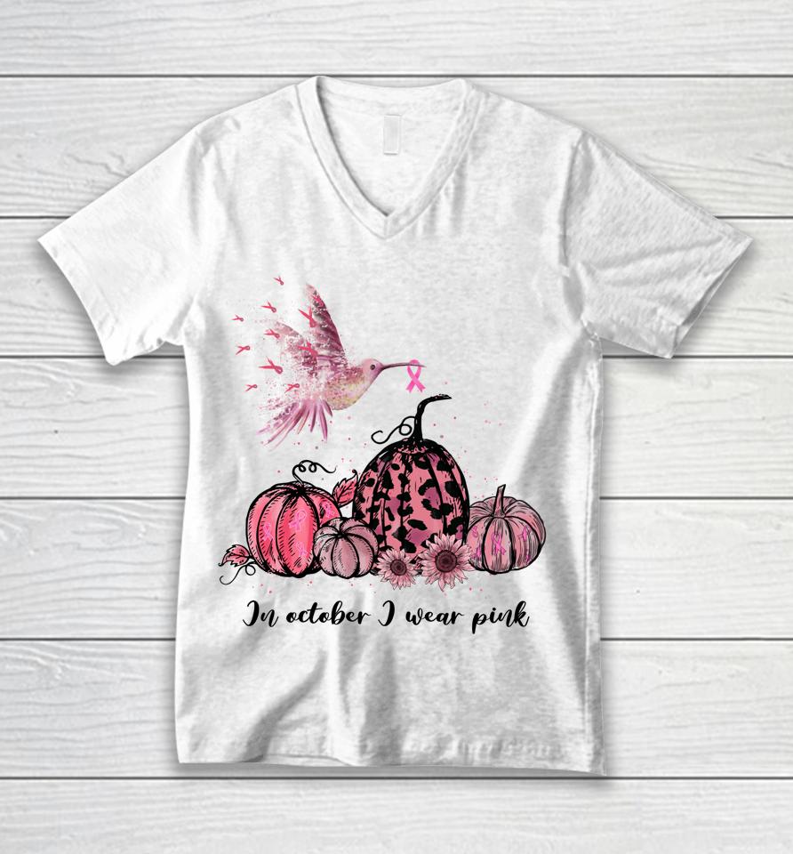 In October We Wear Pink Hummingbird Breast Cancer Awareness Unisex V-Neck T-Shirt