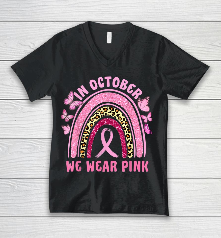 In October We Wear Pink Leopard Breast Cancer Awareness Unisex V-Neck T-Shirt