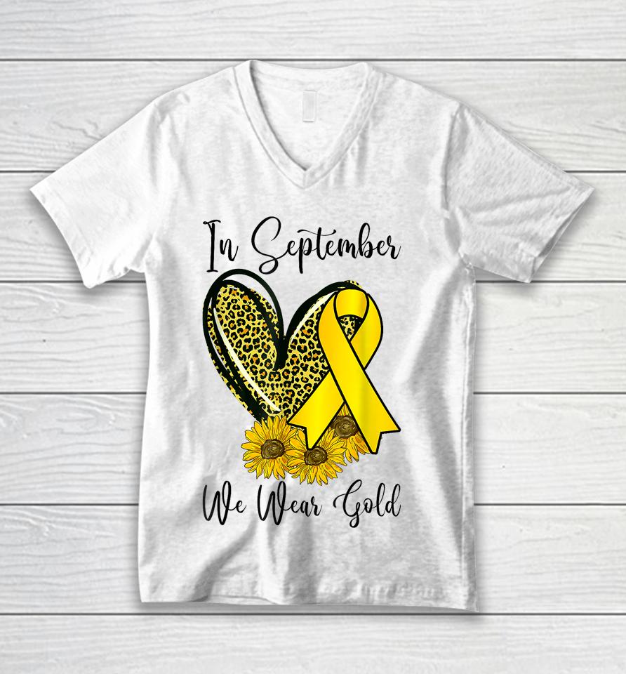 In September We Wear Gold Childhood Cancer Awareness Ribbon Unisex V-Neck T-Shirt