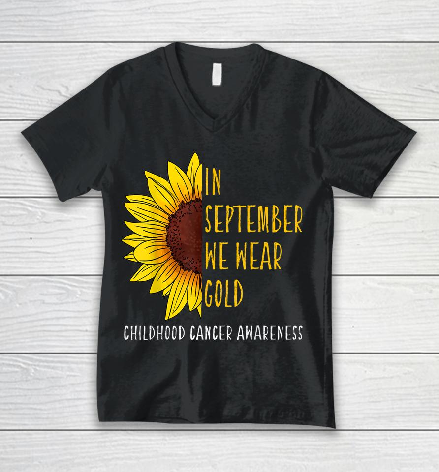 In September Wear Gold Childhood Cancer Awareness Sunflower Unisex V-Neck T-Shirt