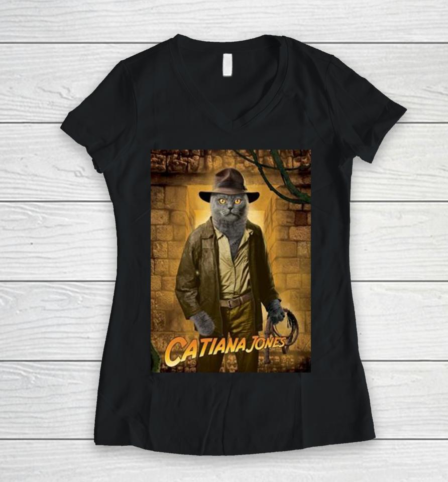 Indiana Jones Cat Poster Women V-Neck T-Shirt