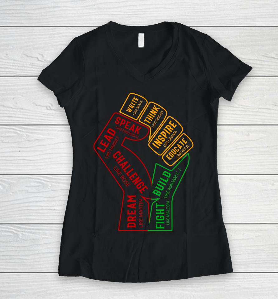 Inspiring Black Leaders Power Fist Hand Black History Month Women V-Neck T-Shirt