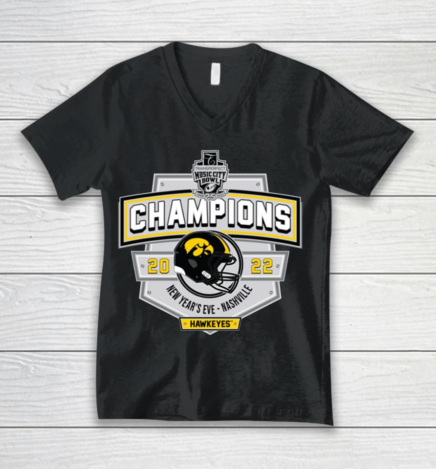 Iowa Hawkeyes 2023 Transperfect Music City Bowl Champions Unisex V-Neck T-Shirt