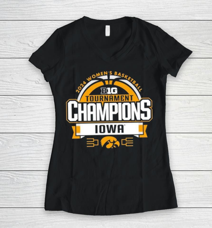 Iowa Hawkeyes 2024 Big Ten Women’s Basketball Conference Tournament Champions Locker Room Women V-Neck T-Shirt