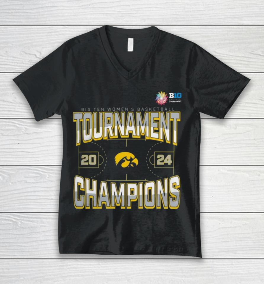 Iowa Hawkeyes 2024 Big Ten Women’s Basketball Conference Tournament Champions Three Pointer Unisex V-Neck T-Shirt
