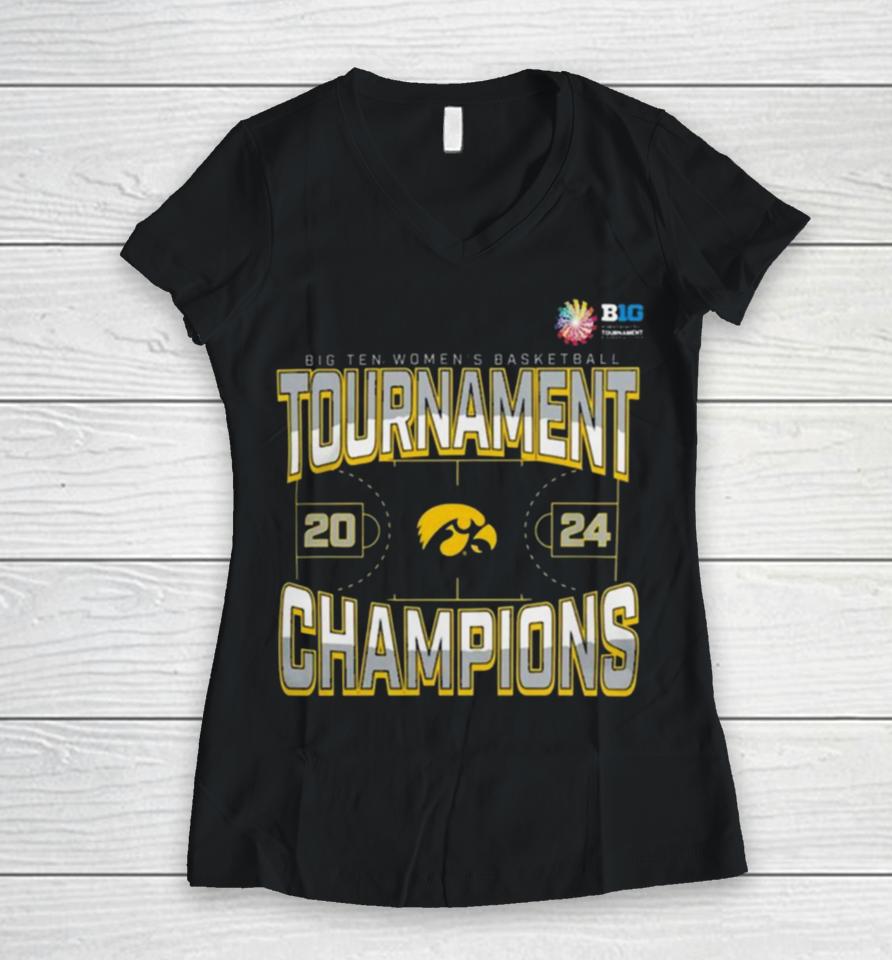 Iowa Hawkeyes 2024 Big Ten Women’s Basketball Conference Tournament Champions Three Pointer Women V-Neck T-Shirt