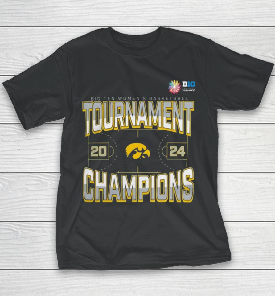 Iowa Hawkeyes 2024 Big Ten Women’s Basketball Conference Tournament Champions Three Pointer Youth T-Shirt