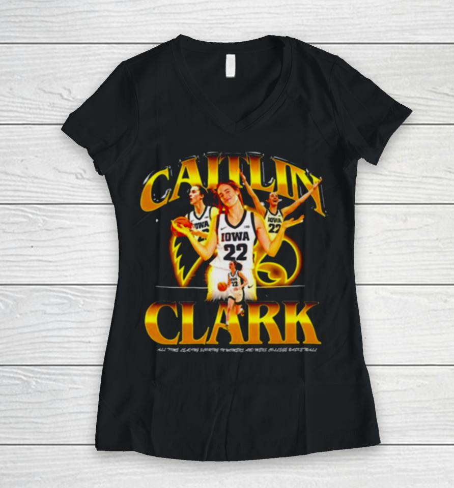 Iowa Hawkeyes Caitlin Clark All Time Leading Scoring In Womens And Mens College Basketball Women V-Neck T-Shirt