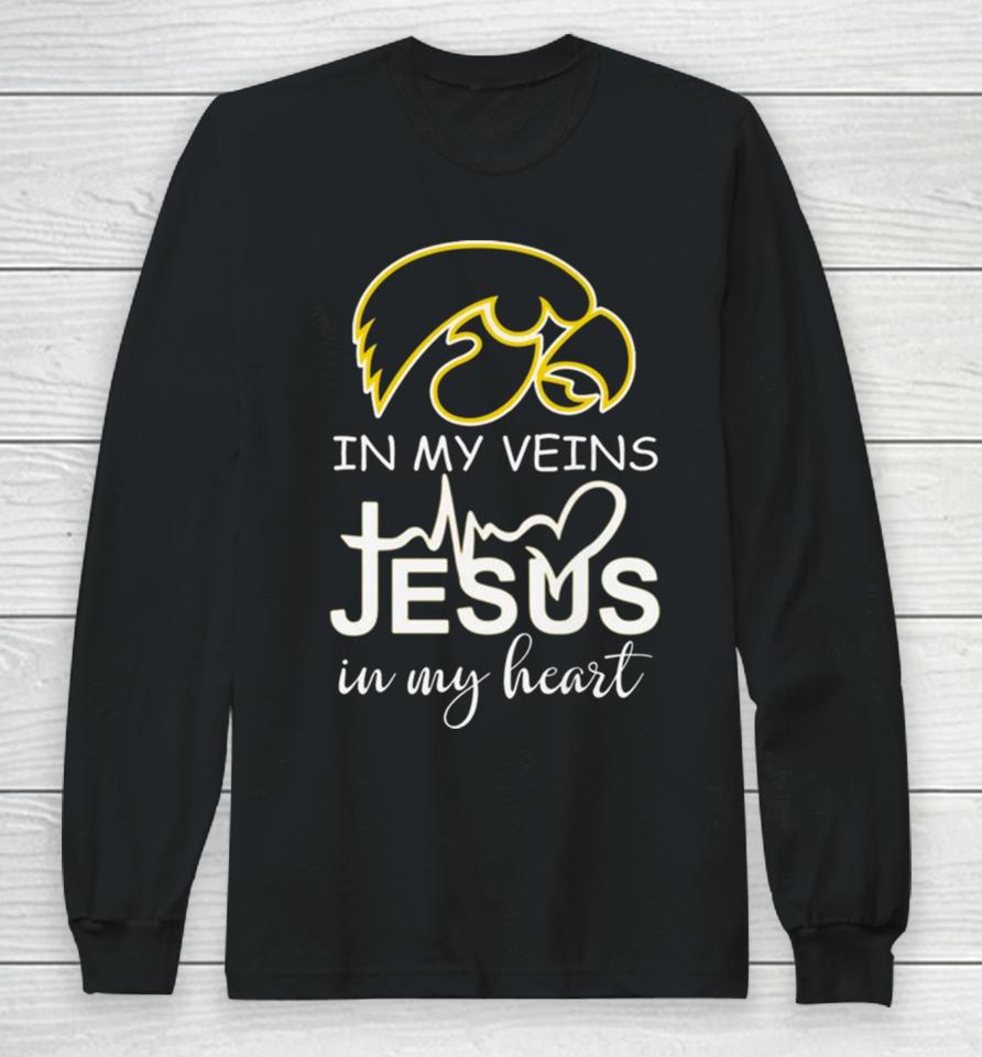 Iowa Hawkeyes Logo 2023 In My Veins Jesus In My Heart Long Sleeve T-Shirt