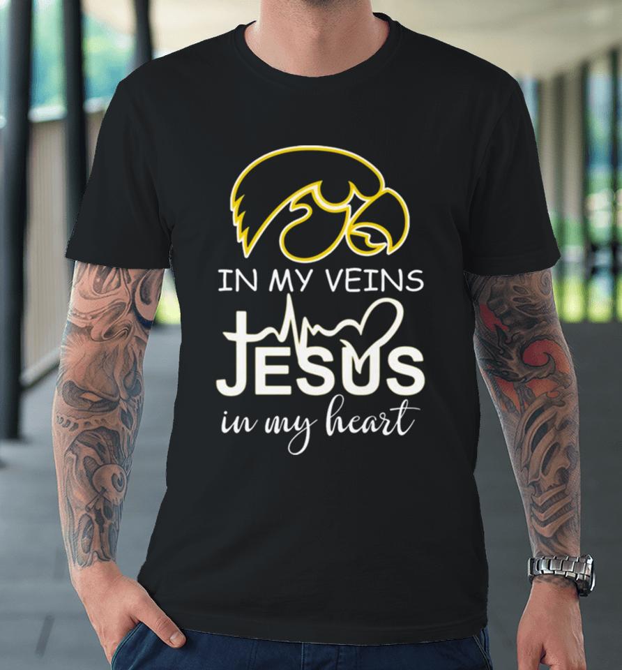 Iowa Hawkeyes Logo 2023 In My Veins Jesus In My Heart Premium T-Shirt