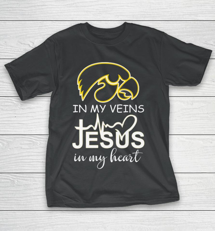Iowa Hawkeyes Logo 2023 In My Veins Jesus In My Heart T-Shirt