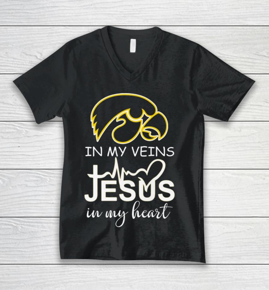 Iowa Hawkeyes Logo 2023 In My Veins Jesus In My Heart Unisex V-Neck T-Shirt