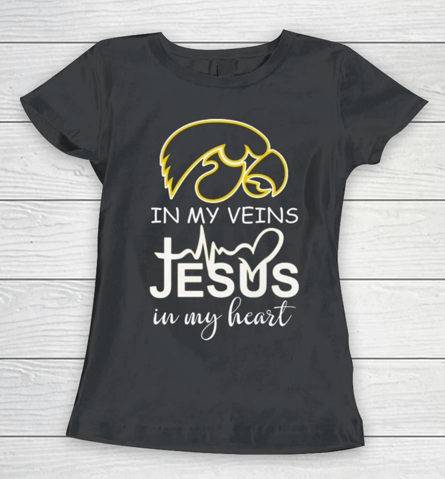 Iowa Hawkeyes Logo 2023 In My Veins Jesus In My Heart Women T-Shirt