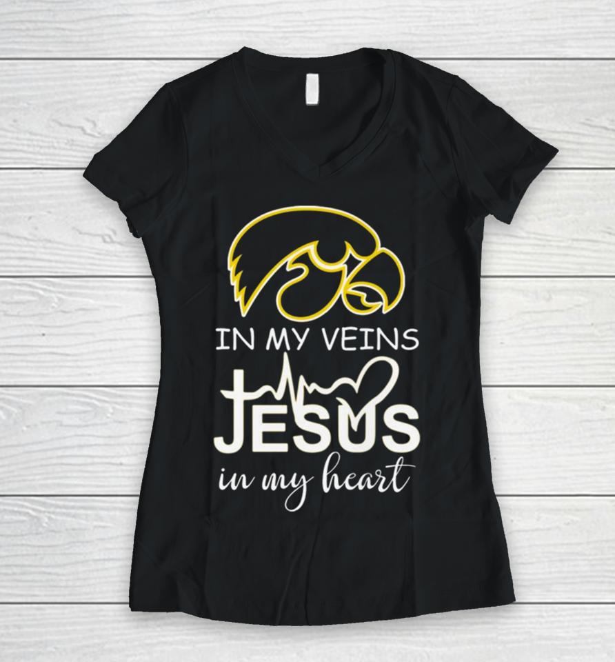 Iowa Hawkeyes Logo 2023 In My Veins Jesus In My Heart Women V-Neck T-Shirt