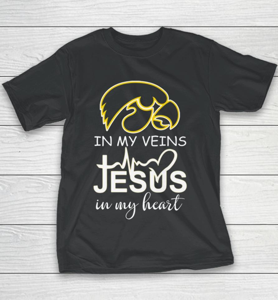 Iowa Hawkeyes Logo 2023 In My Veins Jesus In My Heart Youth T-Shirt