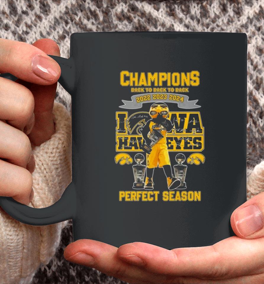 Iowa Hawkeyes Mascot Champions Back To Back To Back 2022 2023 2024 Perfect Season Signatures Coffee Mug