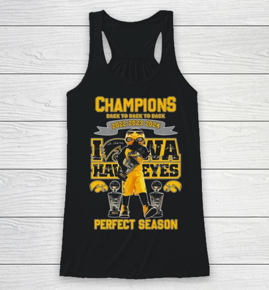 Iowa Hawkeyes Mascot Champions Back To Back To Back 2022 2023 2024 Perfect Season Signatures Racerback Tank