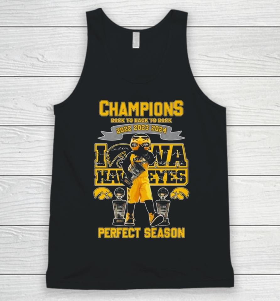 Iowa Hawkeyes Mascot Champions Back To Back To Back 2022 2023 2024 Perfect Season Signatures Unisex Tank Top