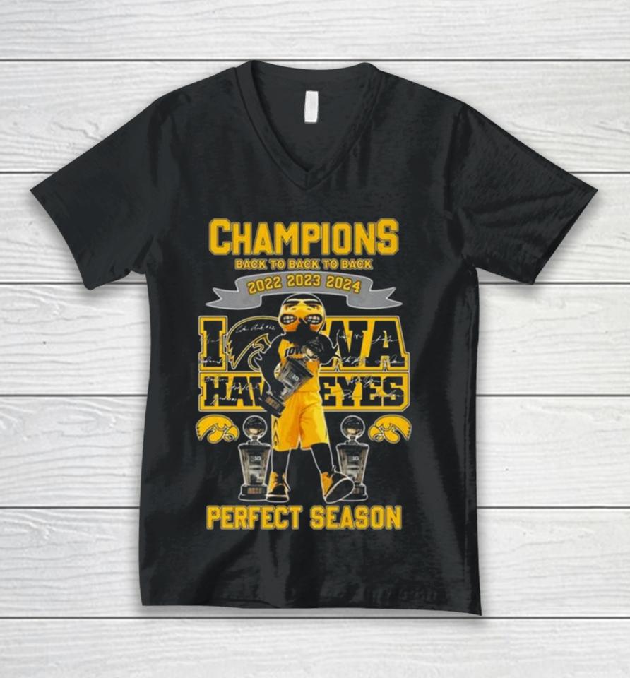 Iowa Hawkeyes Mascot Champions Back To Back To Back 2022 2023 2024 Perfect Season Signatures Unisex V-Neck T-Shirt