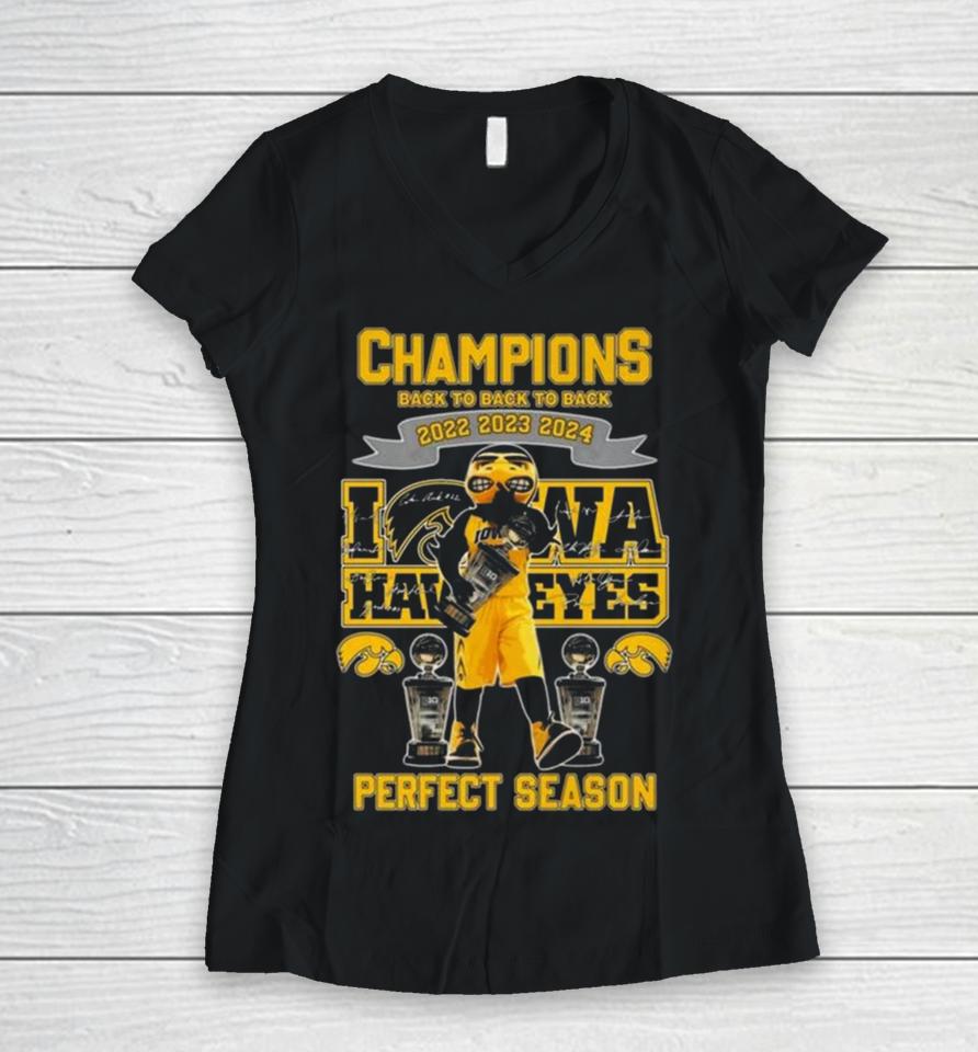 Iowa Hawkeyes Mascot Champions Back To Back To Back 2022 2023 2024 Perfect Season Signatures Women V-Neck T-Shirt