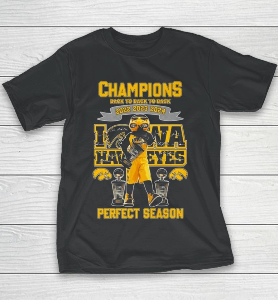 Iowa Hawkeyes Mascot Champions Back To Back To Back 2022 2023 2024 Perfect Season Signatures Youth T-Shirt