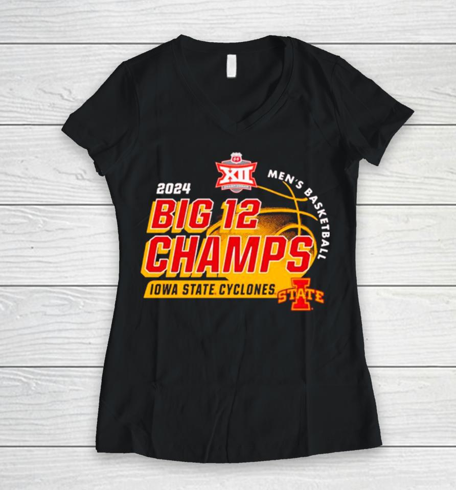Iowa State Cyclones 2024 Big 12 Men’s Basketball Conference Tournament Champions Locker Room Women V-Neck T-Shirt