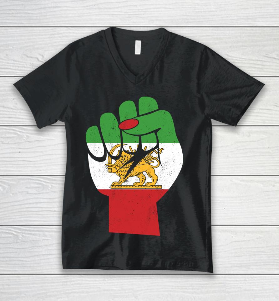 Iranian Flag Female Fist Support Women Of Iran Lion Sun Flag Unisex V-Neck T-Shirt
