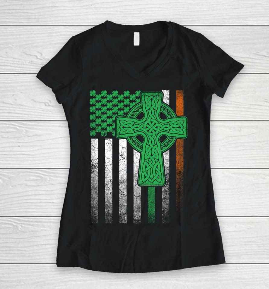 Irish American Flag Ireland Flag St Patrick’s Day Women V-Neck T-Shirt