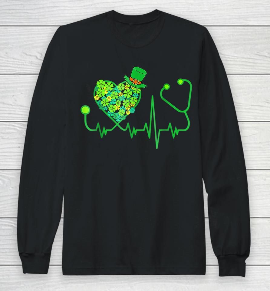 Irish Nurse Stethoscope Heartbeat Shamrock St Patrick's Day Long Sleeve T-Shirt