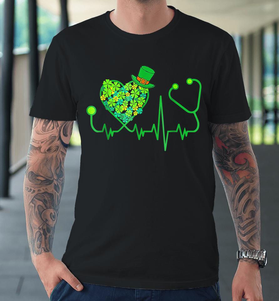 Irish Nurse Stethoscope Heartbeat Shamrock St Patrick's Day Premium T-Shirt