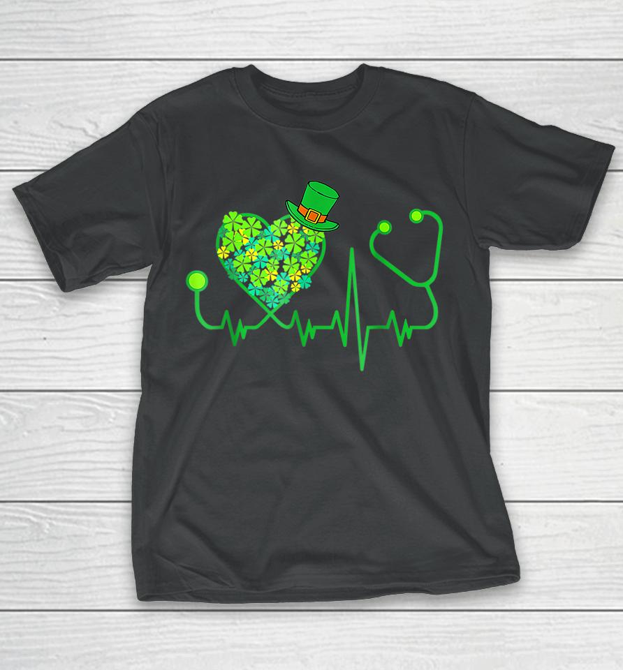 Irish Nurse Stethoscope Heartbeat Shamrock St Patrick's Day T-Shirt