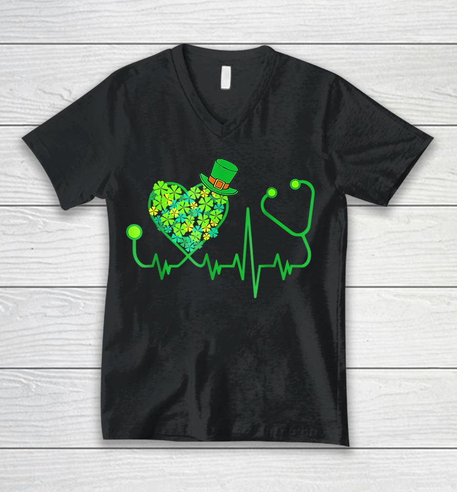 Irish Nurse Stethoscope Heartbeat Shamrock St Patrick's Day Unisex V-Neck T-Shirt
