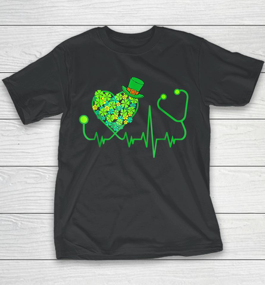 Irish Nurse Stethoscope Heartbeat Shamrock St Patrick's Day Youth T-Shirt