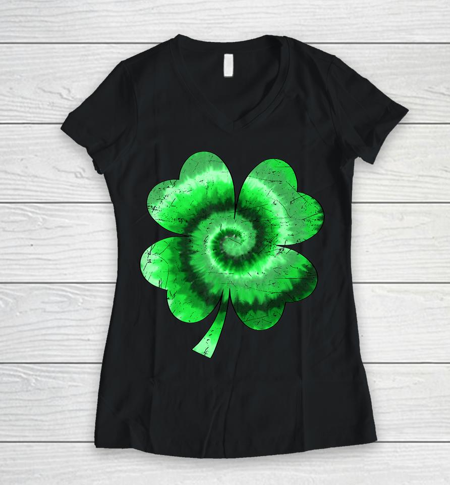 Irish Shamrock Tie Dye Happy St Patrick's Day Go Lucky Gift Women V-Neck T-Shirt