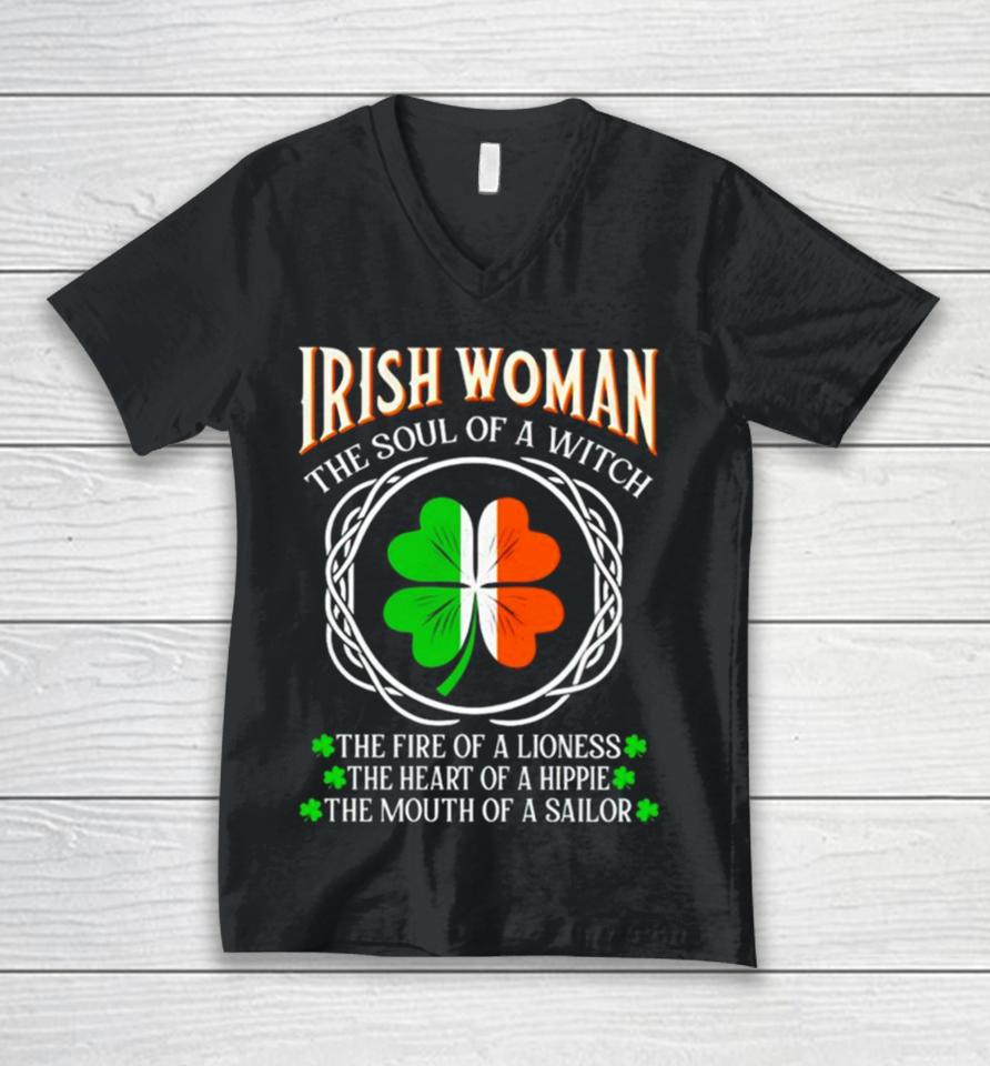 Irish Woman Fire Of A Lioness Heart Of A Hippie St Patrick’s Day Unisex V-Neck T-Shirt