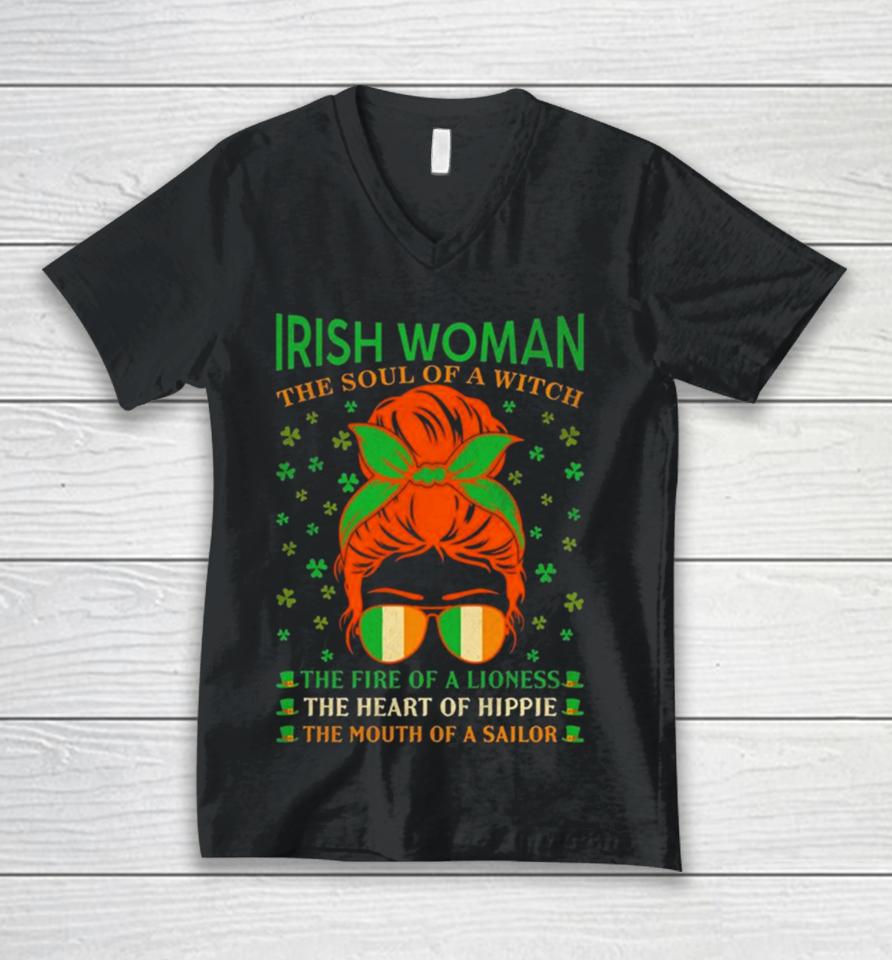 Irish Women The Soul Of A Witch The Fire Of A Lioness The Heart Of Hippie The Mouth Of A Sailor Unisex V-Neck T-Shirt