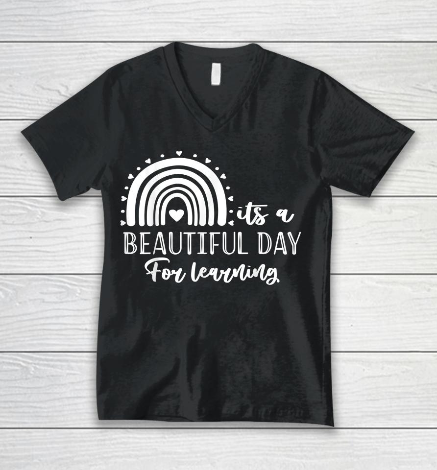 It's A Beautiful Day For Learning Retro Teacher Students Unisex V-Neck T-Shirt