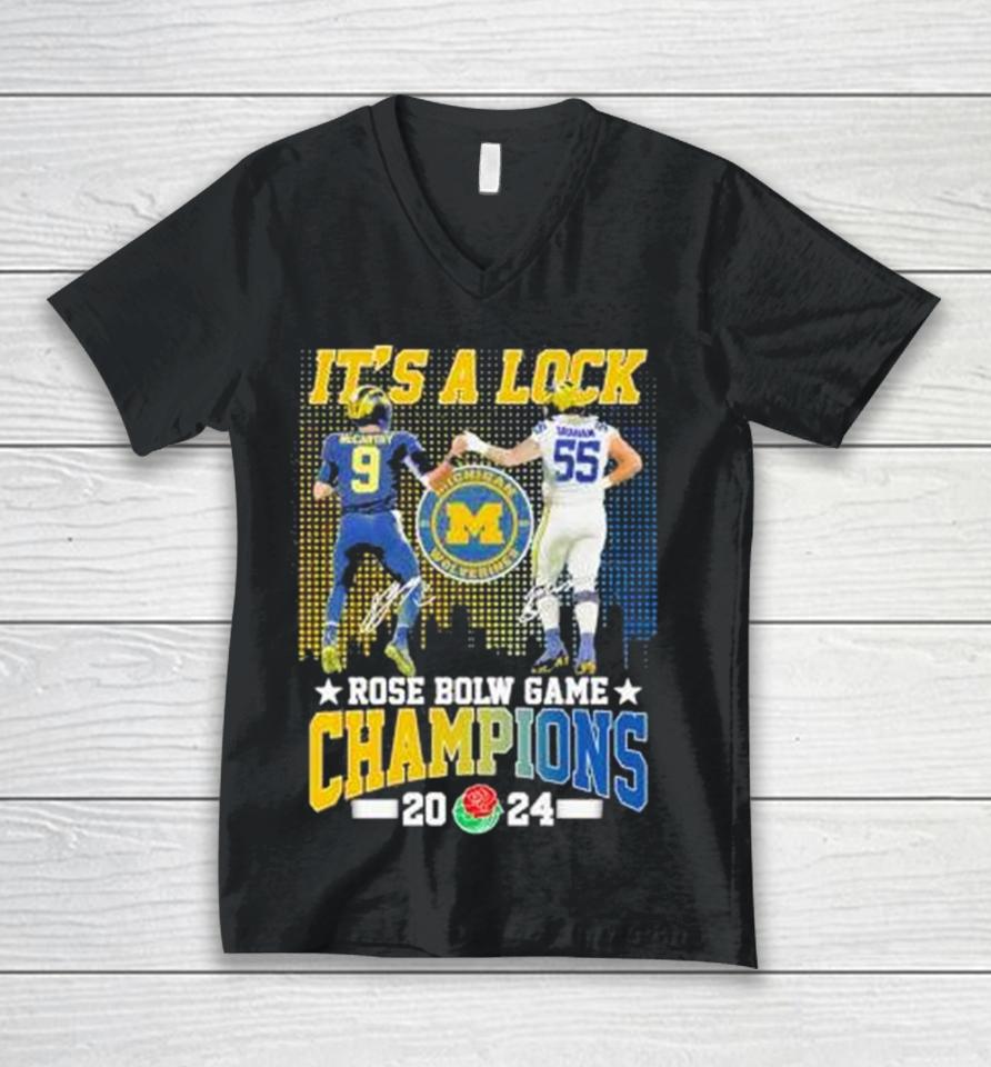 It’s A Lock 2024 Rose Bowl Game Champions Michigan Wolverines Football Signatures Unisex V-Neck T-Shirt