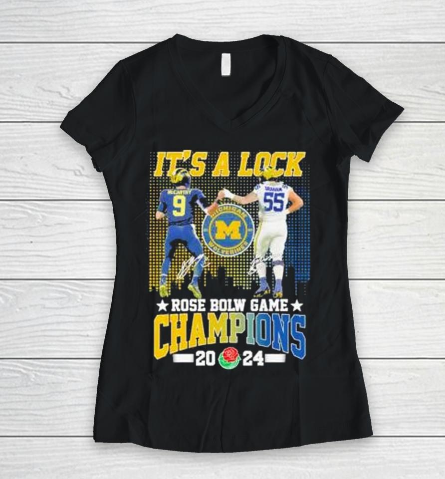 It’s A Lock 2024 Rose Bowl Game Champions Michigan Wolverines Football Signatures Women V-Neck T-Shirt