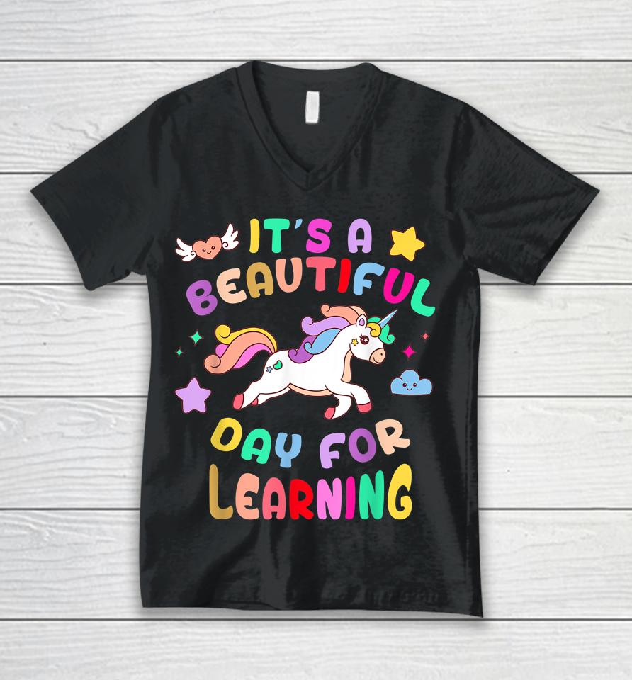 It's Beautiful Day 4 Learning Unicorn Teacher Student Unisex V-Neck T-Shirt